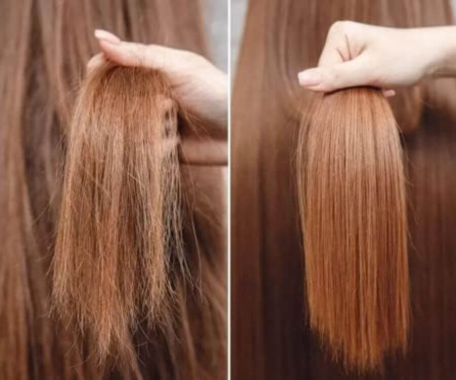before and after using split end trimmer on long red hair