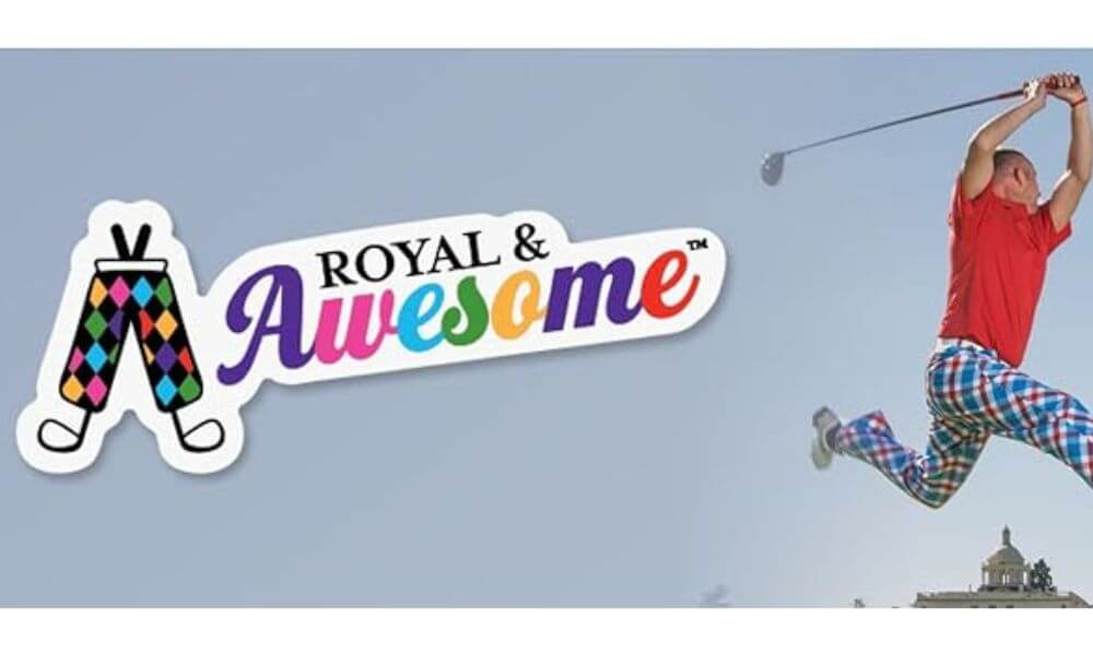 Royal and awesome logo and man with plaid pants leaping in air