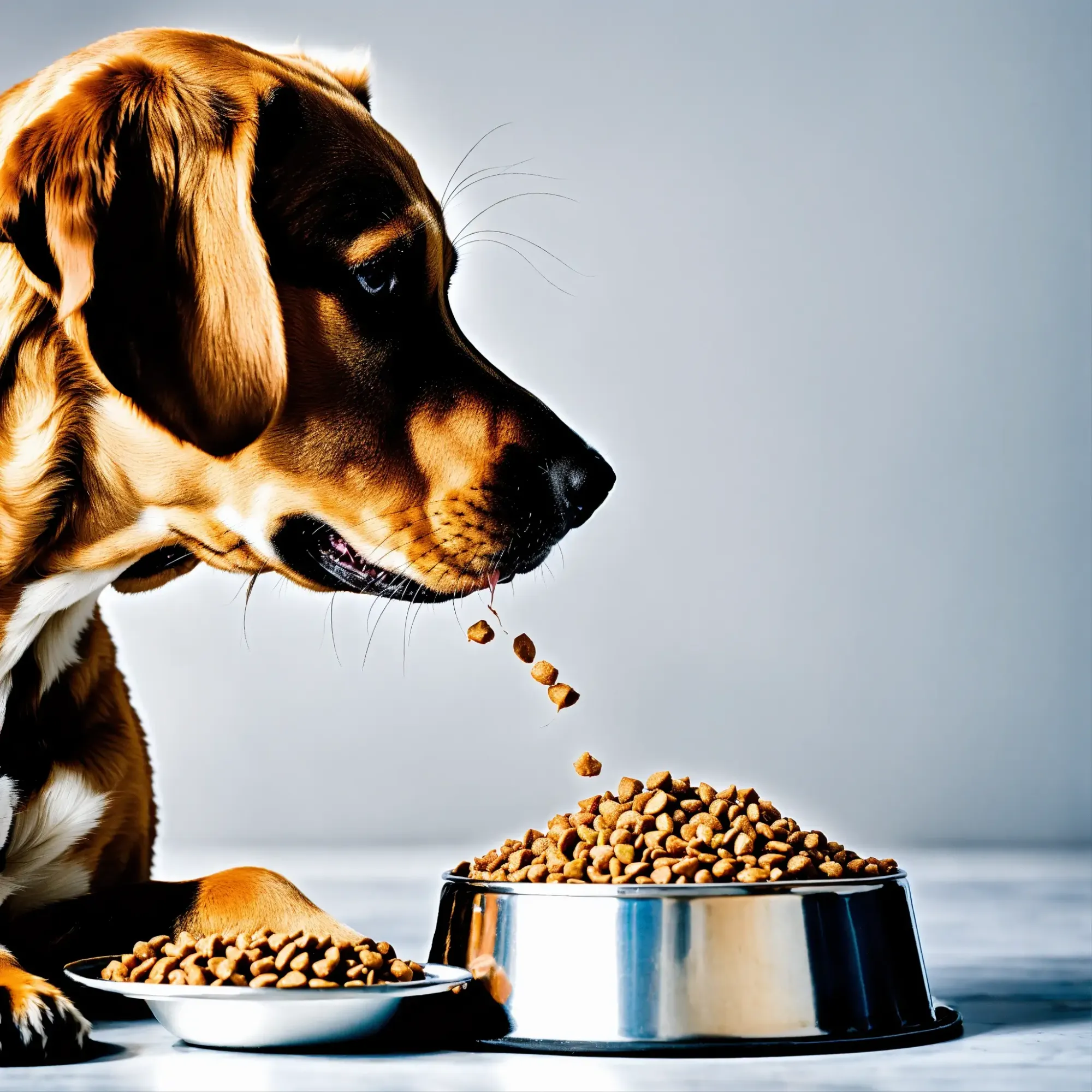 A photo of a dog eating a dog food. The dog is happy