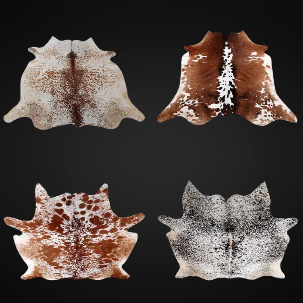 four cowhide rugs in different colors