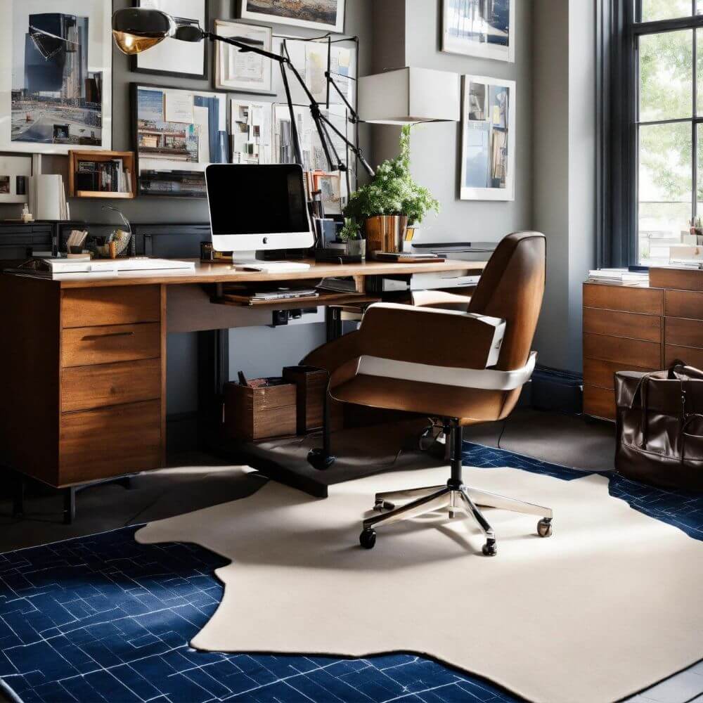 modern nerdy office interior design with cowhide rug